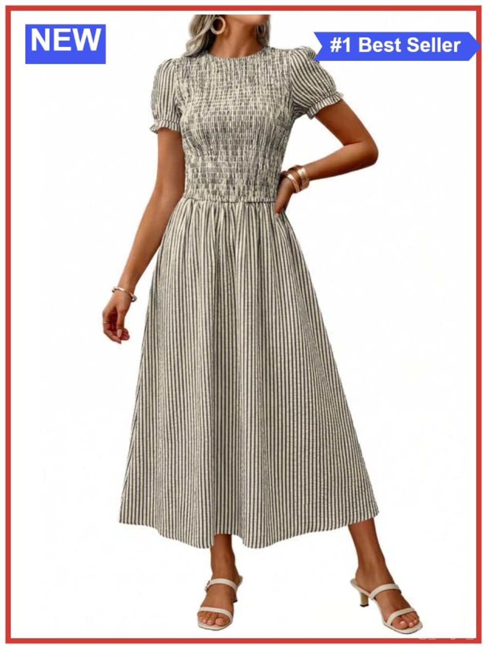Womens Striped Smocked Midi Dress Puff Sleeve A-Line Vacation